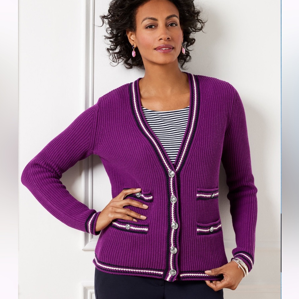 NWT TALBOTS PETITE M PURPLE RIBBED CARDIGAN NAVY TRIM BUTTON FRONT